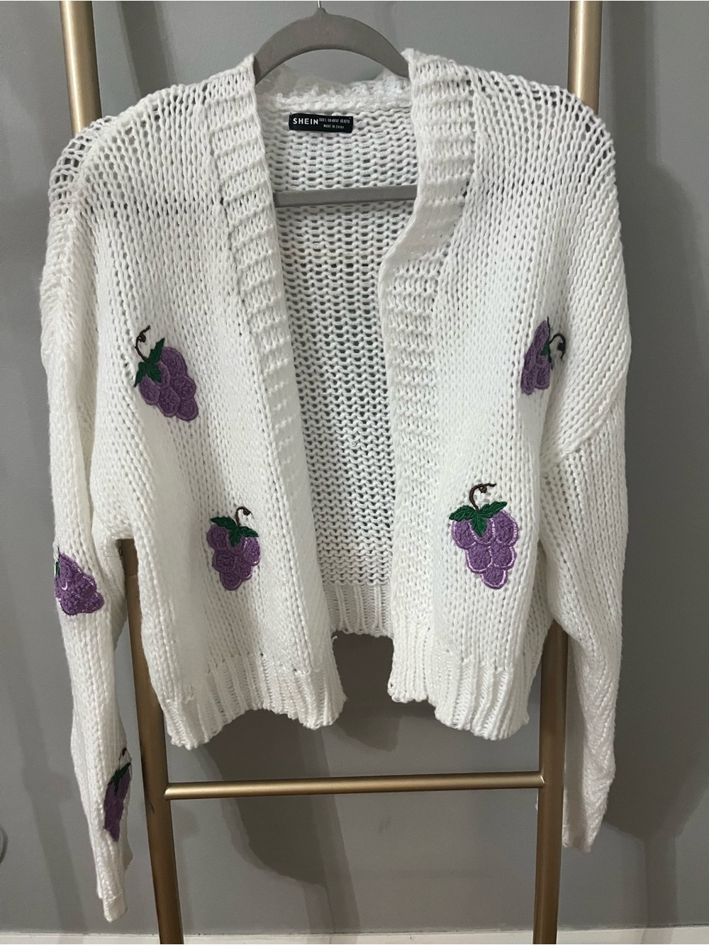 SHEIN White Chunky Knit Grape Embroidered Cardigan | Size L